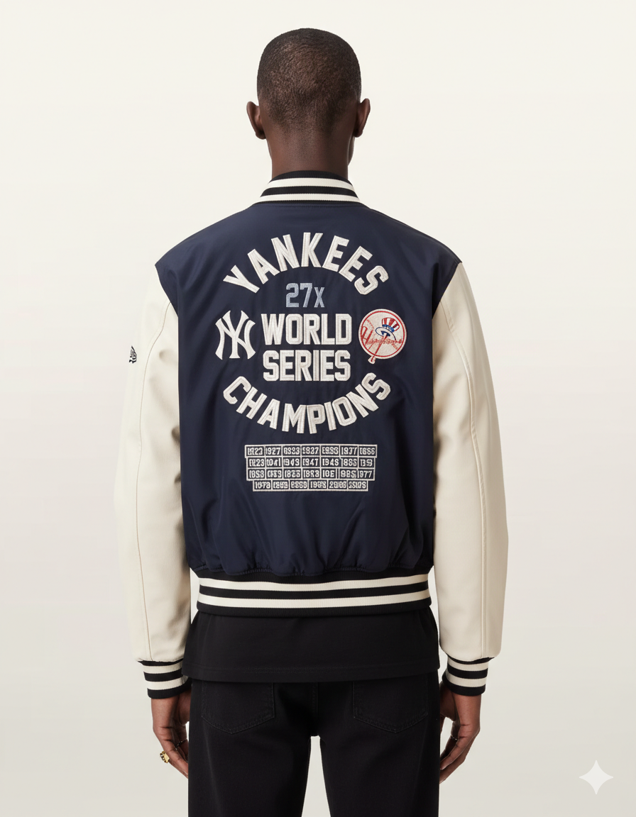 New York Yankees 27x World Series Champions varsity jacket with championship years listed on back