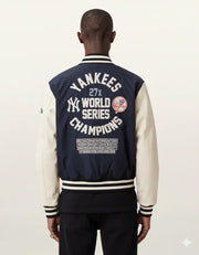 Yankees 27x World Series Champions varsity jacket with cream sleeves and navy back