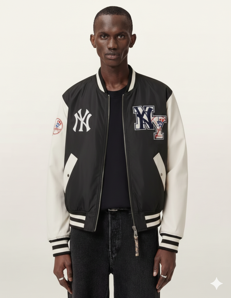 Men's black and white varsity jacket with NY Yankees logo, bomber style, casual streetwear