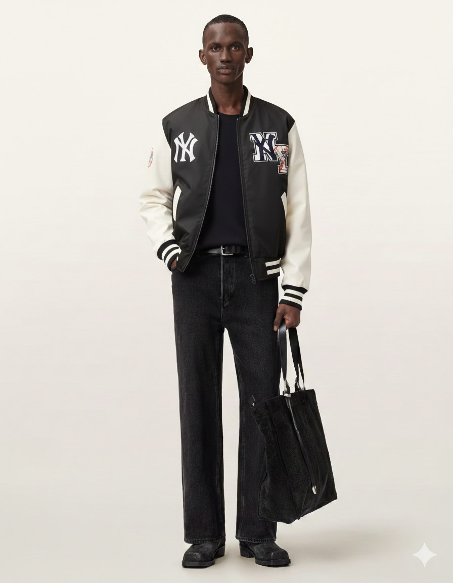 Men's black and white varsity jacket with NY logo, paired with dark jeans and a tote bag