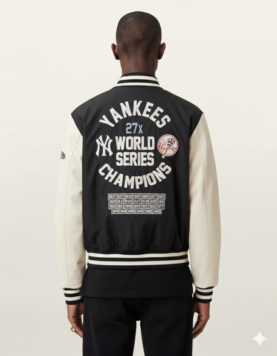 Men's Yankees 27x World Series Champions varsity jacket with cream sleeves and championship years