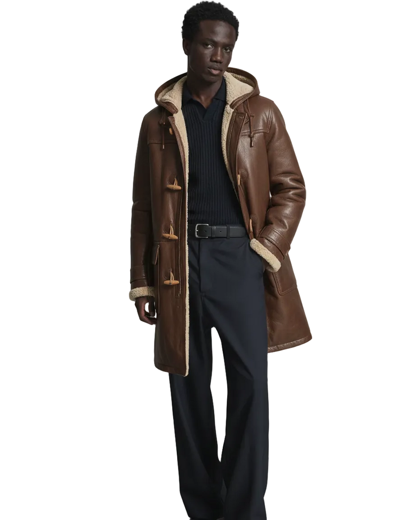 Men's Distressed Brown Fur Lined Leather Winter Coat