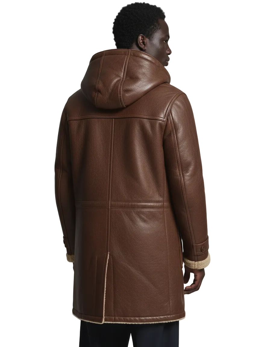 Men's Distressed Brown Fur Lined Leather Winter Coat back