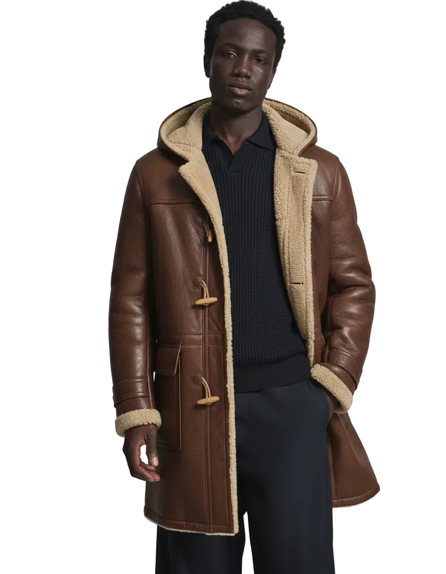 Man wearing a brown leather coat with beige fur lining on a gray background