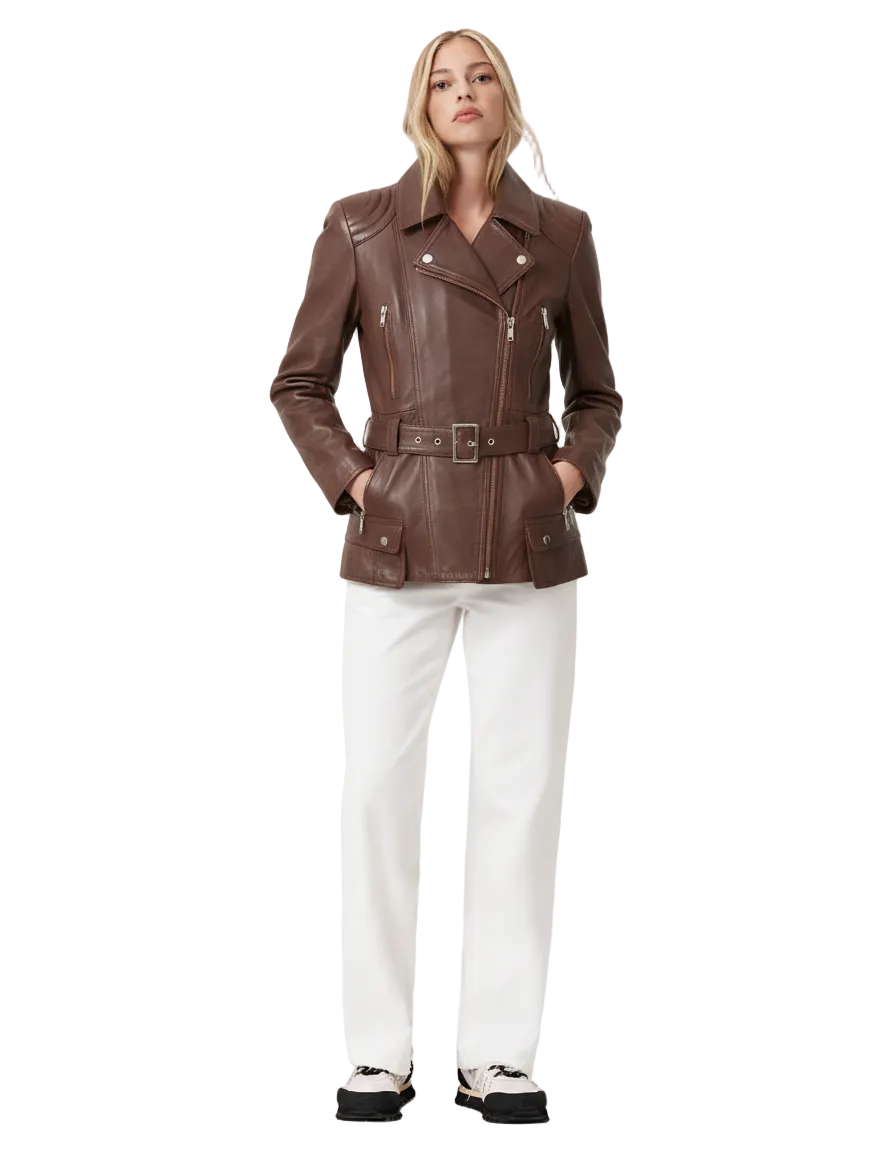 Brown leather biker jacket with belt, worn with white pants and sneakers, stylish women's outerwear