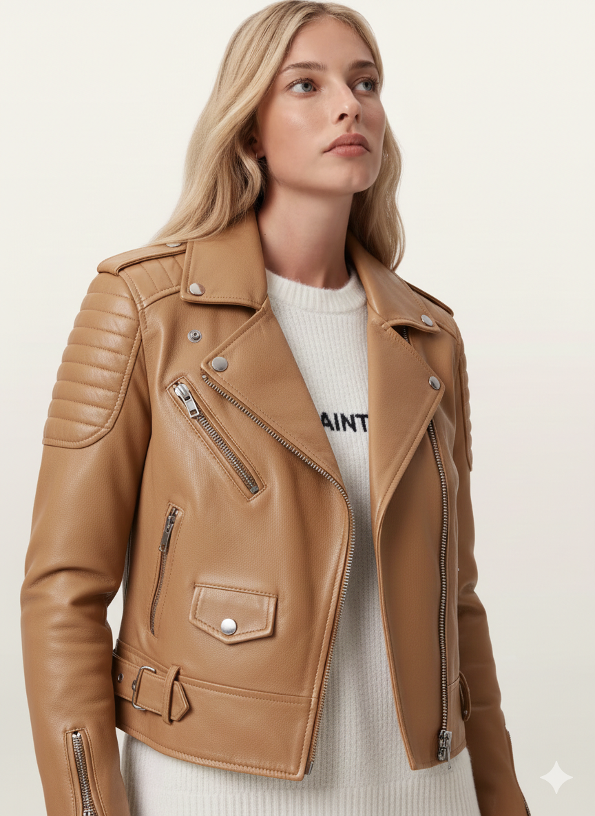Tan women's leather biker jacket with zippers and quilted shoulders, styled over white sweater