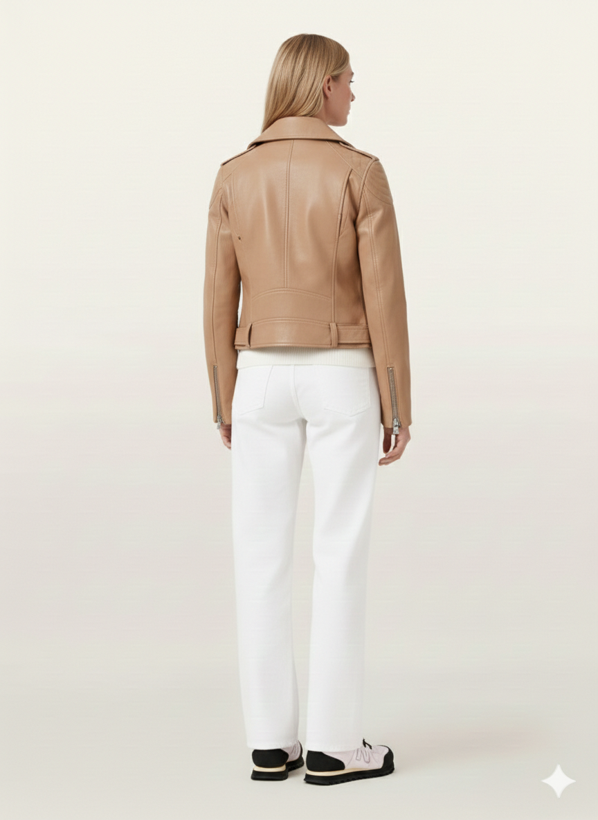 Woman wearing a tan leather jacket and white pants on a white background