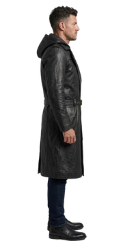 Men's black leather trench coat with quilted hood and belt, side view