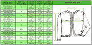 Men's jacket size chart with chest, sleeve, and shoulder measurements for accurate fit