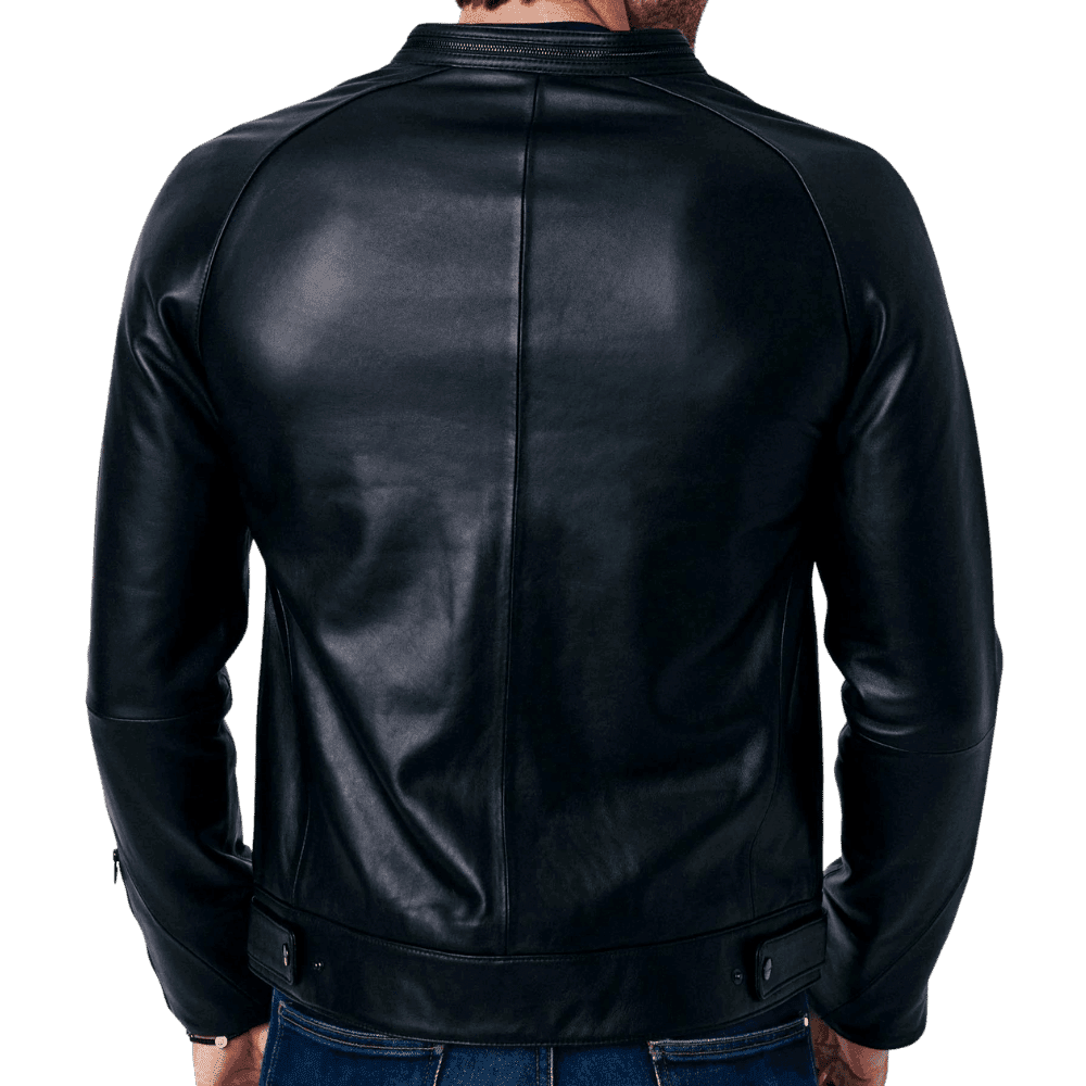 Men's black leather bomber jacket back view, sleek fit with zipper collar and side pockets