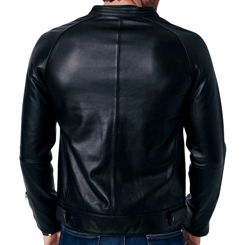 Men's black leather bomber jacket back view, sleek fit with zipper collar and side pockets