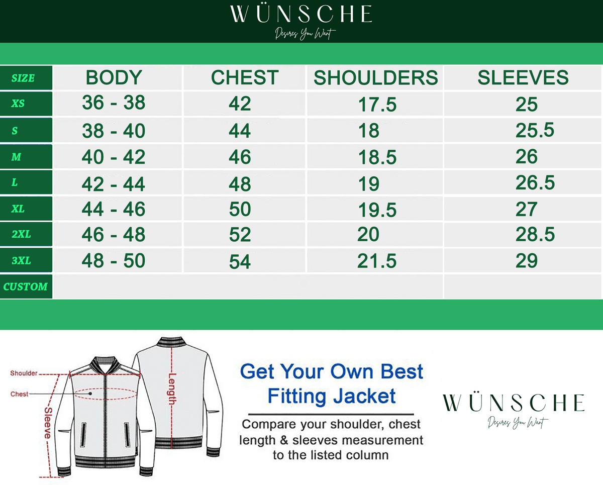 Jacket size chart with measurements for body, chest, shoulders, sleeves; includes fitting guide and custom option