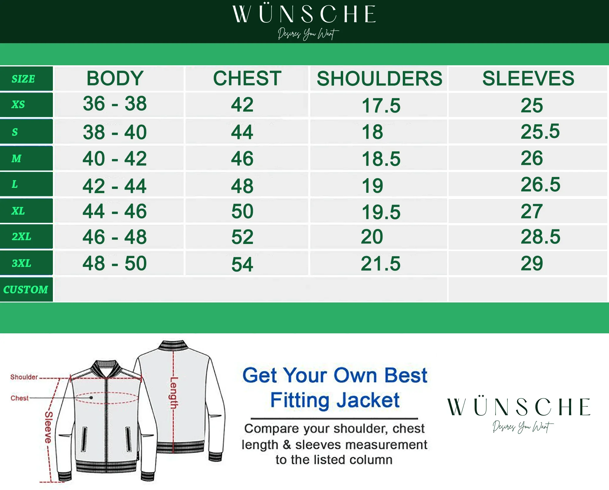 Jacket size chart with body, chest, shoulder, sleeve measurements for XS to 3XL, plus custom fit guide