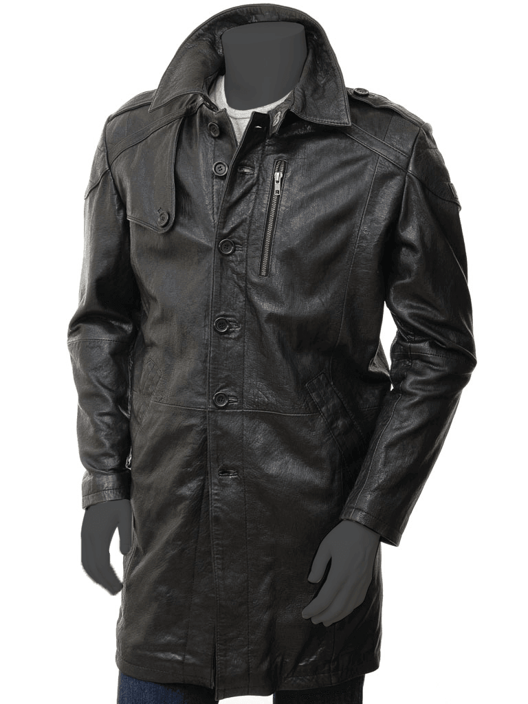 Men's Black Semi Long Trench Leather Coat - Battlefield - Bull Armour