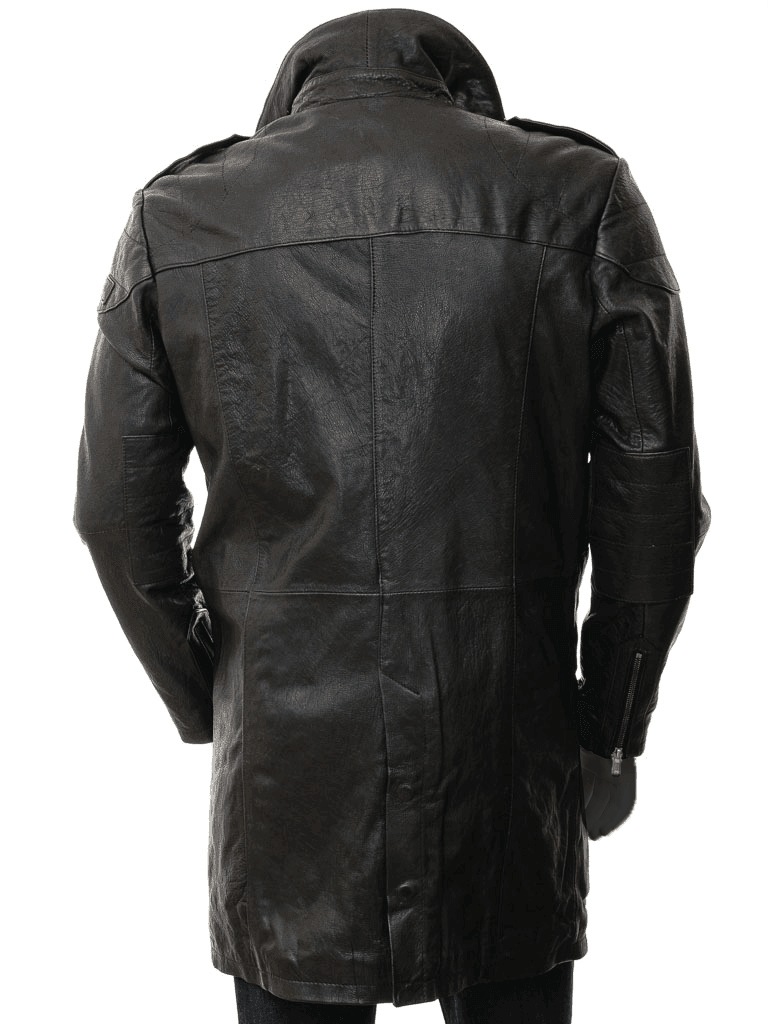 Men's Black Semi Long Trench Leather Coat - Battlefield - Bull Armour