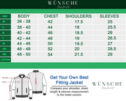 Jacket size chart with body, chest, shoulder, sleeve measurements for best fit guidance