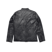 Black leather motorcycle jacket back view with zippered sleeves and classic fit