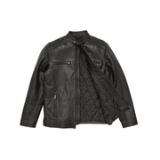 Black leather motorcycle jacket with quilted lining and zip pockets, stylish men's outerwear