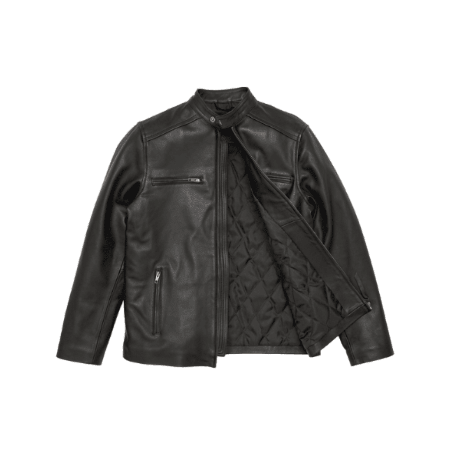 Black leather motorcycle jacket with quilted lining and zip pockets, stylish men's outerwear