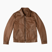 Brown leather bomber jacket with front zipper and side pockets, stylish men's outerwear