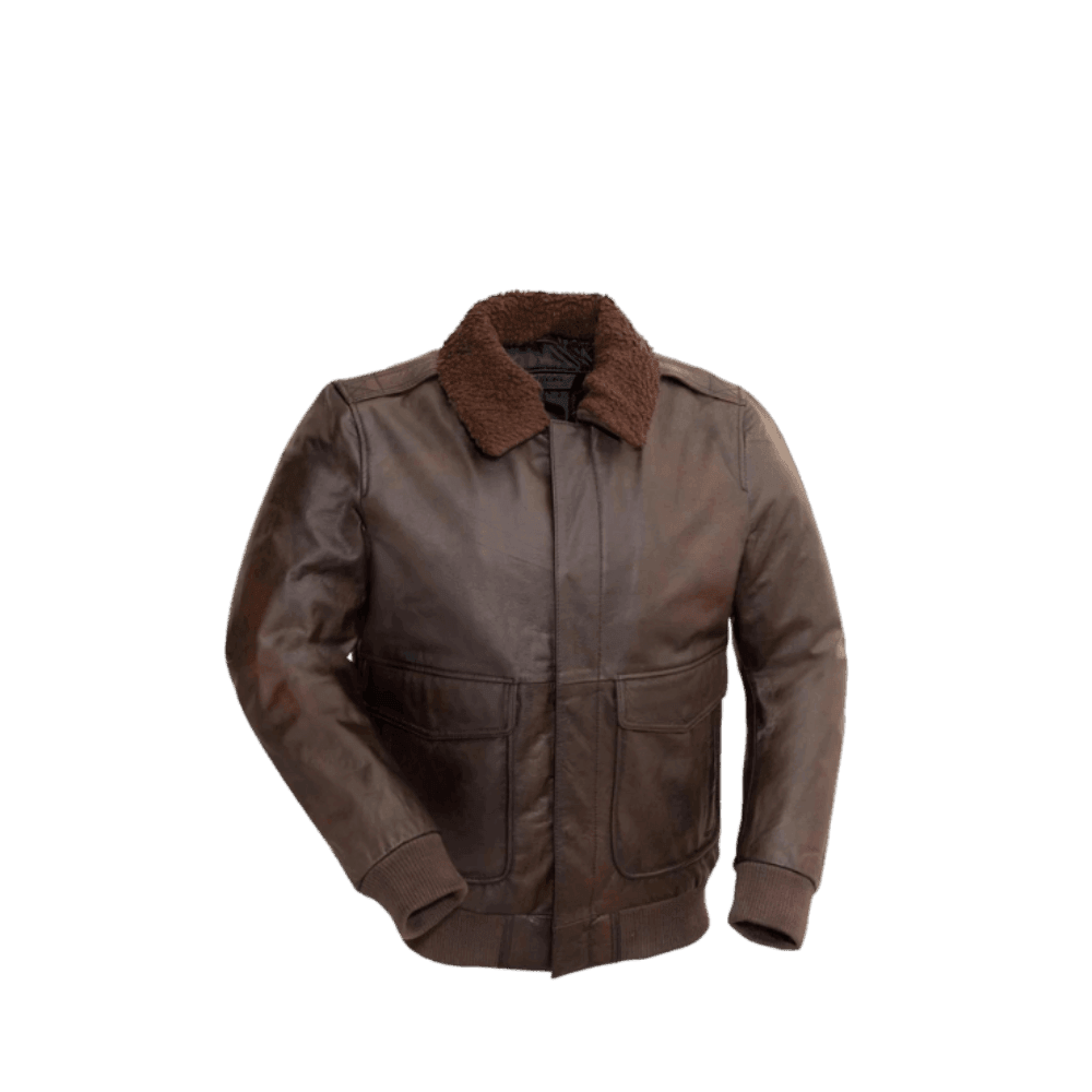 Brown leather bomber jacket with shearling collar and front pockets, ideal for cold weather