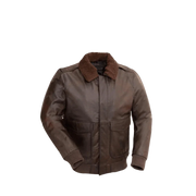 Brown leather bomber jacket with shearling collar and front pockets, ideal for men's winter wear