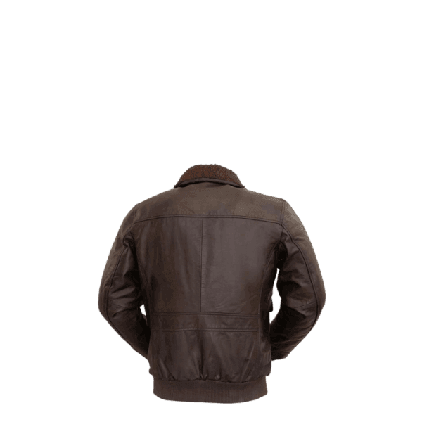 Brown leather bomber jacket with shearling collar, back view on teal background