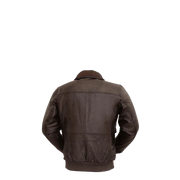 Brown leather bomber jacket with shearling collar, back view