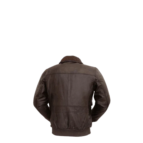 Brown leather bomber jacket with shearling collar, back view