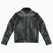 Black leather jacket back view, classic moto style with snap cuffs and seam detailing