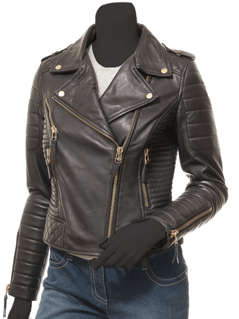 Women Cross Zipper Biker Leather Jacket - Electra - Bull Armour
