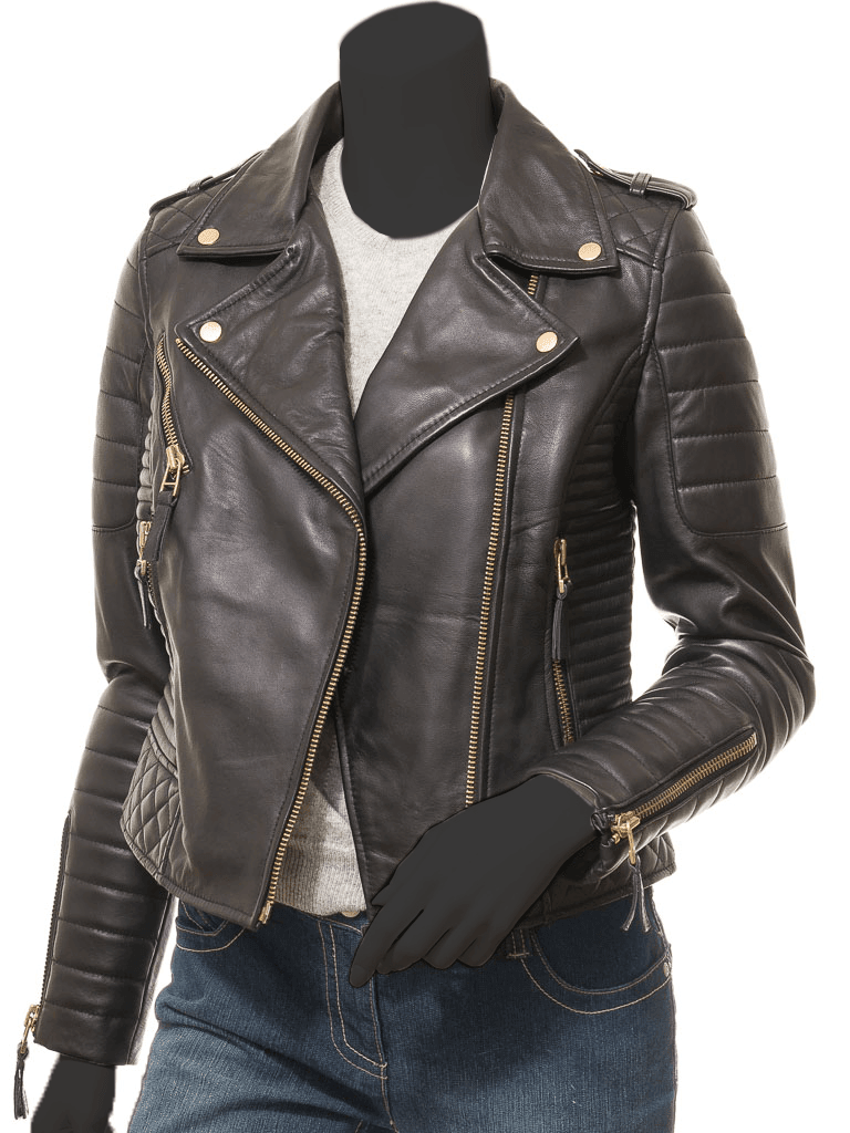 Women Cross Zipper Biker Leather Jacket - Electra - Bull Armour