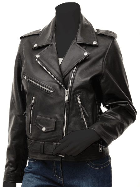 Women's Biker Black Leather Jacket - Colonel - Bull Armour