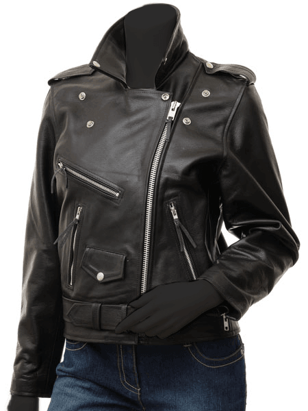 Women's Biker Black Leather Jacket - Colonel - Bull Armour