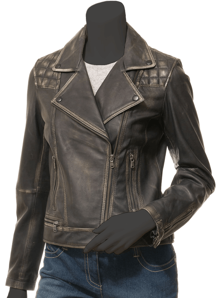 Women's Quilted Biker Leather Jacket - Ski - Bull Armour