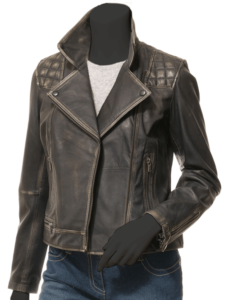 Women's Quilted Biker Leather Jacket - Ski - Bull Armour