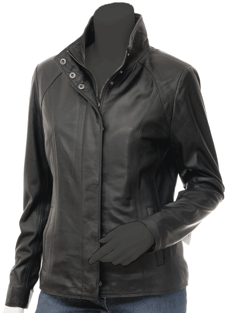 Women Stand Collar Black Biker Leather Jacket - Stella - Bull Armour