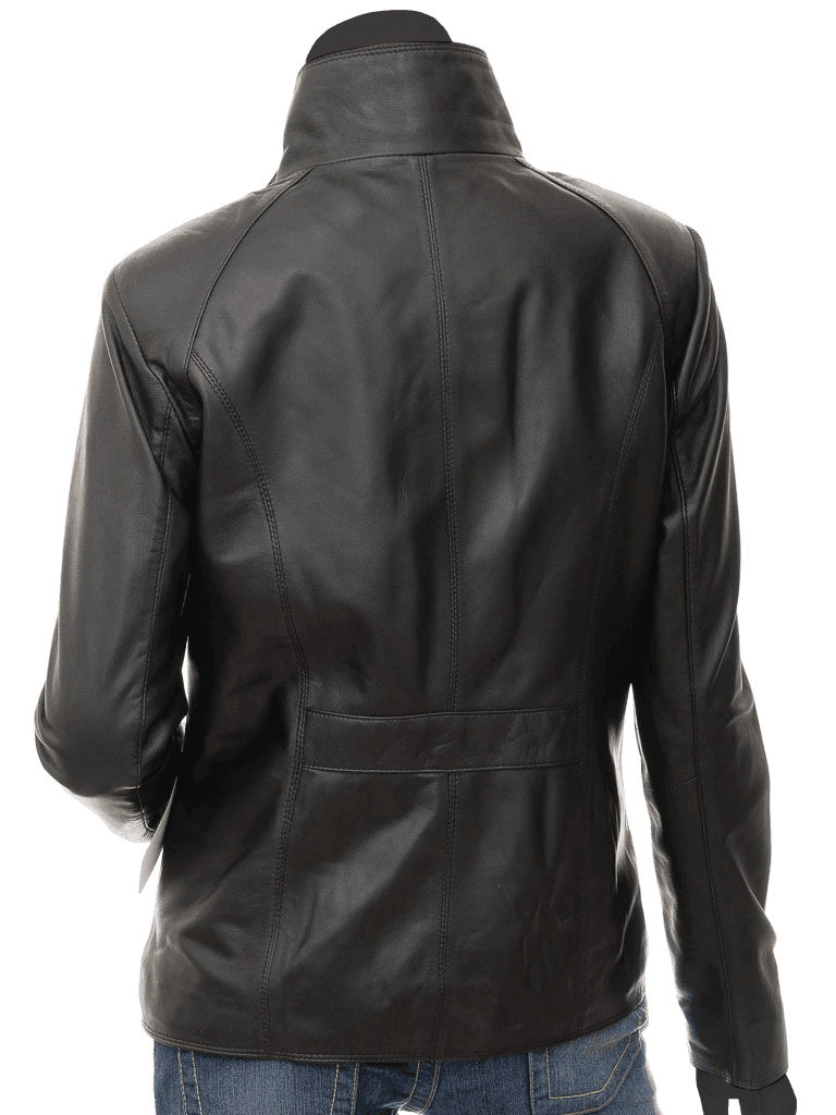 Women Stand Collar Black Biker Leather Jacket - Stella - Bull Armour