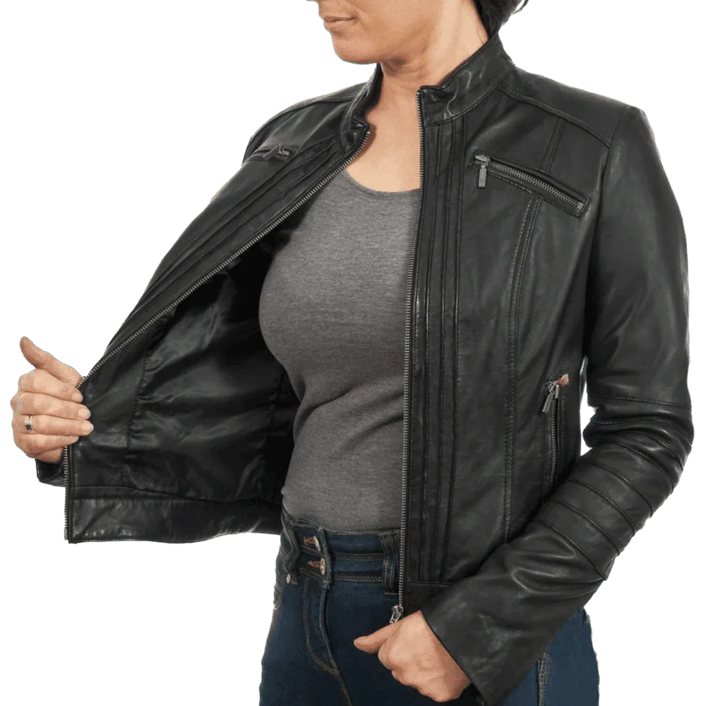 Woman modeling black leather moto jacket with zipper details and gray top